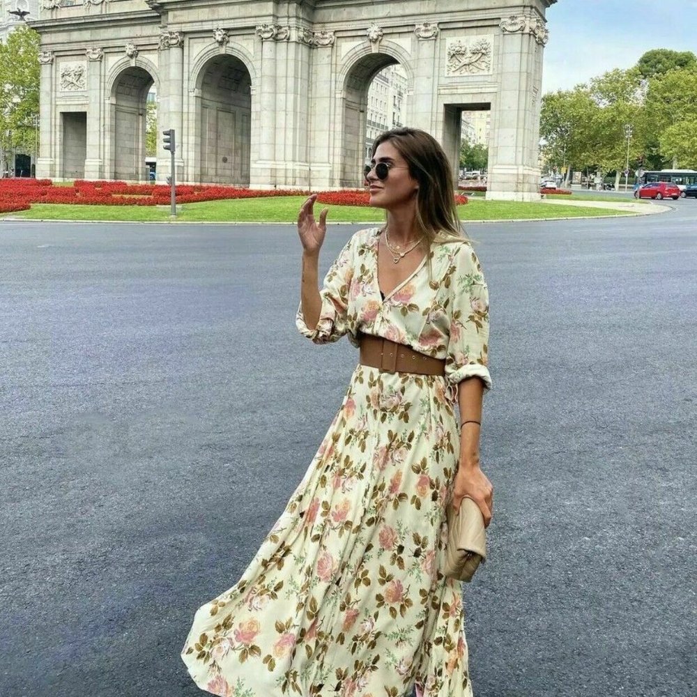 Zara Cream Floral Print Dress TRF Midi Maxi S, M